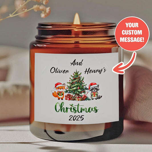 Personalized Christmas Scented Candle - Custom Names with Fox & Raccoon Design, "Christmas 2025" Message - Smokeless Soy Wax in Amber Jar - Unique Christmas Gift for Family, Friends