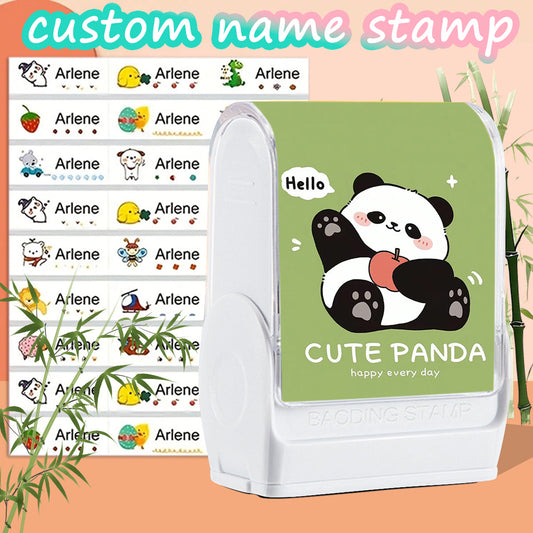 (90PCS Stickers + 1PC Stamp Set)Cute Panda Custom Name Stamp Kit - Waterproof Self-Inking Personalized Stamp for Kids' Clothing, Stationery - DIY Gift & Item Identification Seal-yy
