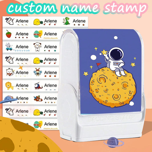 (90PCS stickers+1PC stamp set)Custom Name Stamp For Kids Clothing Waterproof The Name Stamp Personalized For Clothes ,Handwritten Signature Stamp,Personalized Clothing Stamps For Clothes, DIY Customized astronaut Self Inking Name Seal Stamp For Business