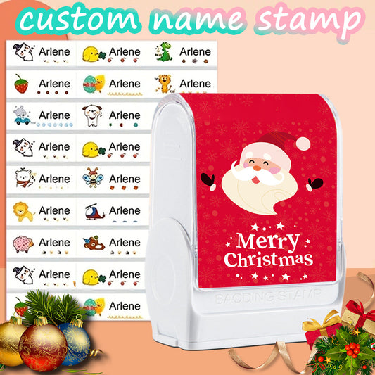 (90PCS Stickers + 1PC Stamp Set)Christmas Custom Name Stamp & Stickers Kit - Waterproof Personalized Name Stamp for Kids' Clothing, Stationery - Santa Design Self-Inking Name Seal for DIY Gift & Item Identification-yy