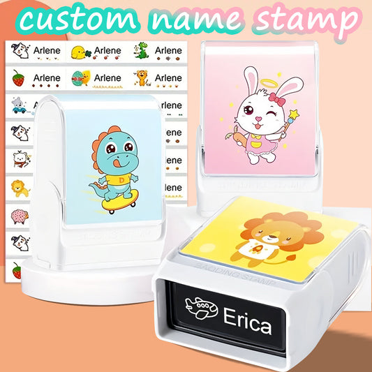 (90PCS stickers+1PC stamp set)Customized children's name stamp,personalized waterproof stamp for clothing,Men's and women's personalized ink pad stamps