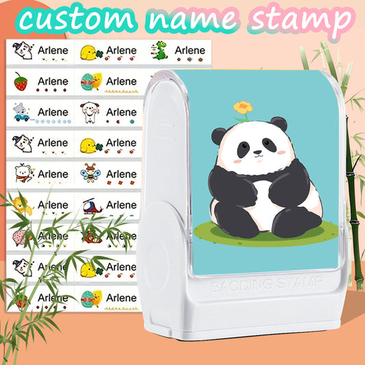 (90PCS Stickers + 1PC Stamp Set)Cute Panda Custom Name Stamp Kit - Waterproof Self-Inking Personalized Stamp for Kids' Clothing, Stationery - DIY Gift & Item Identification Seal-yy