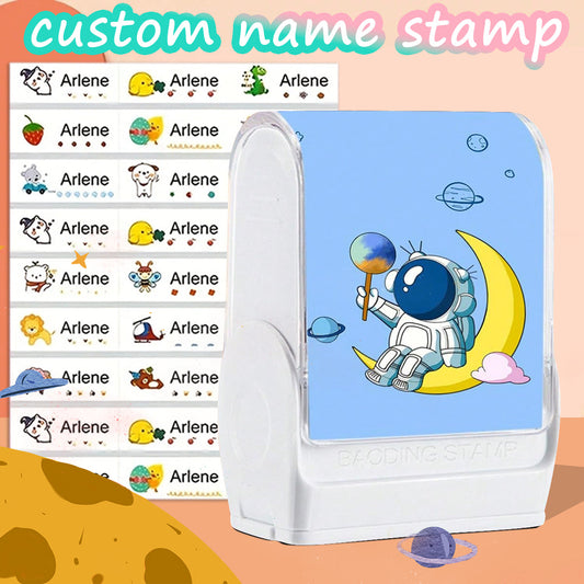 (90PCS stickers+1PC stamp set)Custom Name Stamp For Kids Clothing Waterproof The Name Stamp Personalized For Clothes ,Handwritten Signature Stamp,Personalized Clothing Stamps For Clothes, DIY Customized astronaut Self Inking Name Seal Stamp For Business