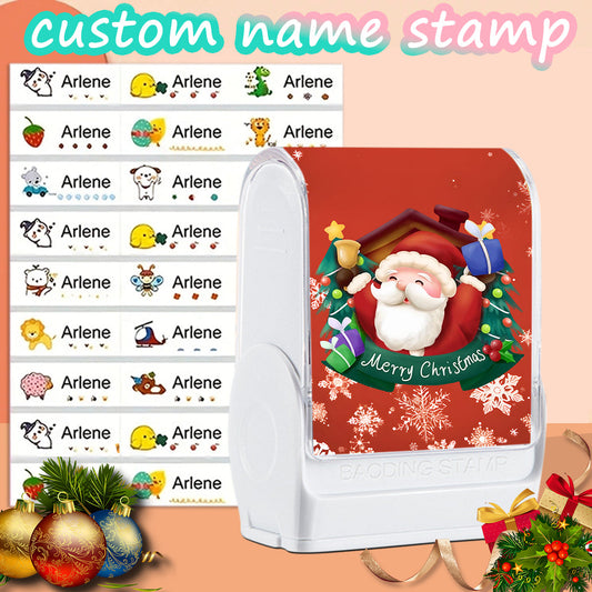 (90PCS Stickers + 1PC Stamp Set)Christmas Santa Custom Name Stamp Kit - Waterproof Self-Inking Personalized Stamp for Kids' Clothing, Stationery - DIY Gift & Item Identification Seal