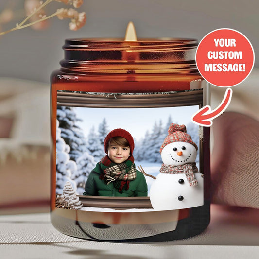 Personalized Christmas Scented Candle - Custom Photo with Snowman & Winter Scene - 200g Soy Wax, Smokeless, 40H Burn - Unique Christmas Gift for Family, Friends-yy