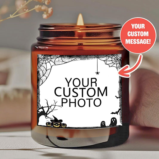 Personalized Halloween Scented Candle - "Trick or Treat" Design with Custom Message - Smokeless Natural Wax in Amber Jar - Unique Halloween Gift for Him/Her