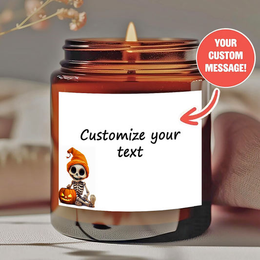 Personalized Halloween Scented Candle - Custom Text with Skeleton & Pumpkin Design - Smokeless Soy Wax in Amber Jar - Unique Halloween Gift for Him/Her