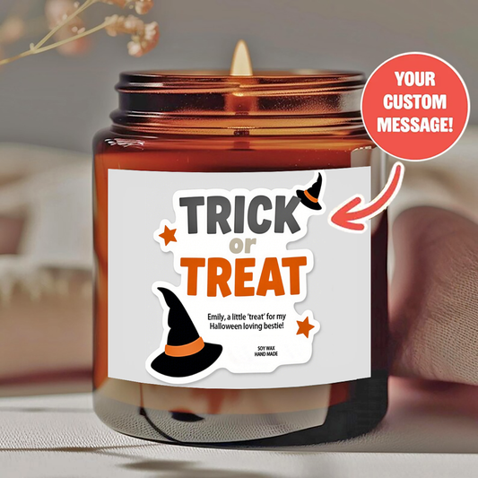 Personalized Halloween Scented Candle - "Trick or Treat" Witch Hat Design with Custom Message - Smokeless Soy Wax in Amber Jar, 40H Burn Time - Unique Halloween Gift for Him/Her