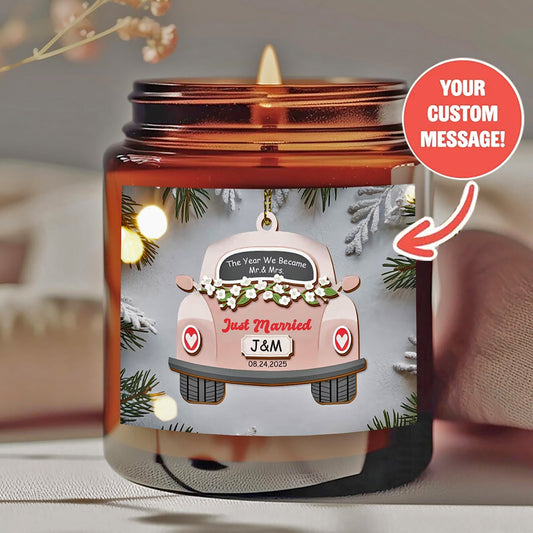 Personalized Wedding Scented Candle - Custom "Just Married" Car Design with Names & Date - Smokeless Soy Wax in Amber Jar - Unique Wedding/Anniversary Gift for Couples