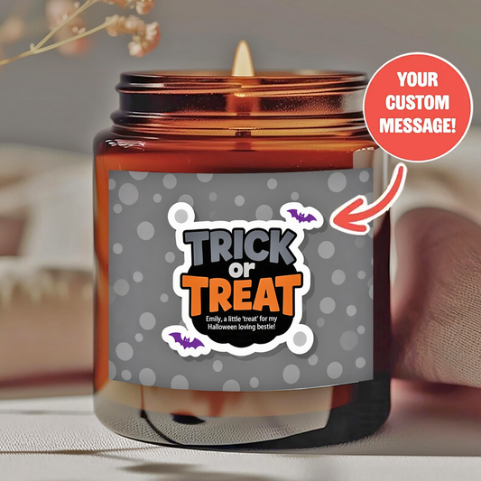 Personalized Halloween Scented Candle - "Trick or Treat" Design with Custom Message - Smokeless Natural Wax in Amber Jar - Unique Halloween Gift for Him/Her
