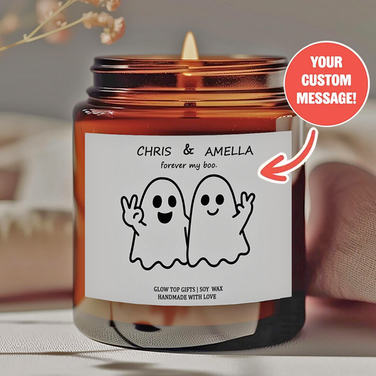 Personalized Halloween Scented Candle - Custom Couple Names & Ghost Design, "Forever My Boo" Message - Smokeless Soy Wax in Amber Jar - Unique Gift for Couples, Halloween Lovers