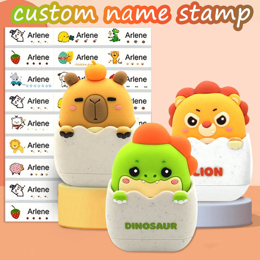 （90PCS stickers+1PC stamp set）Customized comfortable hand feel children's name dinosaur animal stamps, personalized waterproof stamps for clothing, and personalized ink stamps for men and women