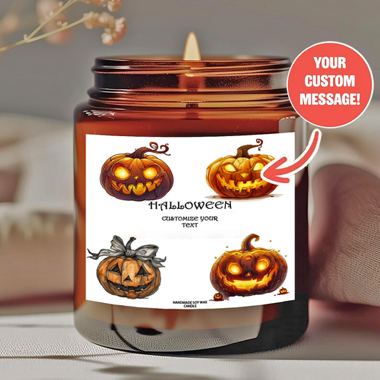 Personalized Halloween Scented Candle - Custom Text with Pumpkin Jack-o'-Lanterns Design - Smokeless Soy Wax in Amber Jar - Unique Halloween Gift for Him/Her