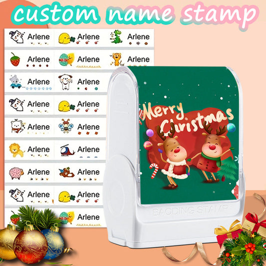 （90PCS Stickers + 1PC Stamp Set）Christmas Reindeer Custom Name Stamp Kit - Waterproof Personalized Self-Inking Stamp for Kids' Clothing, Stationery - DIY Gift & Item Identification Seal-yy