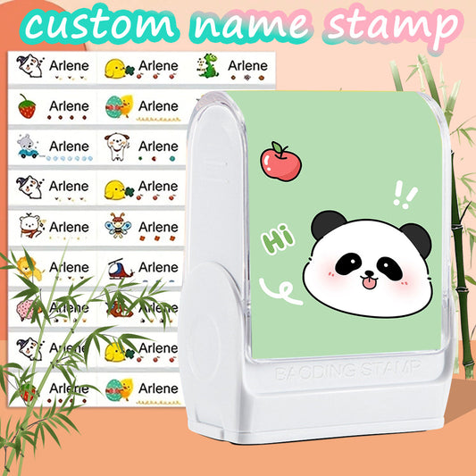 （90PCS Stickers + 1PC Stamp Set）Cute Panda Custom Name Stamp Kit - Waterproof Self-Inking Personalized Stamp for Kids' Clothing, Stationery - DIY Gift & Item Identification Seal-yy