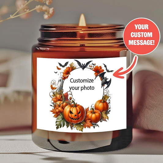 1pcs-Personalized Halloween Scented Candle - Custom Photo, Pumpkin & Bat Design - Smokeless Natural Wax in Amber Jar, 40H Burn Time - Unique Halloween Gift, Customizable for Him/Her