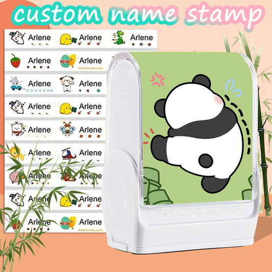 （90PCS Stickers + 1PC Stamp Set）Cute Panda Custom Name Stamp Kit - Waterproof Self-Inking Personalized Stamp for Kids' Clothing, Stationery - DIY Gift & Item Identification Seal-yy