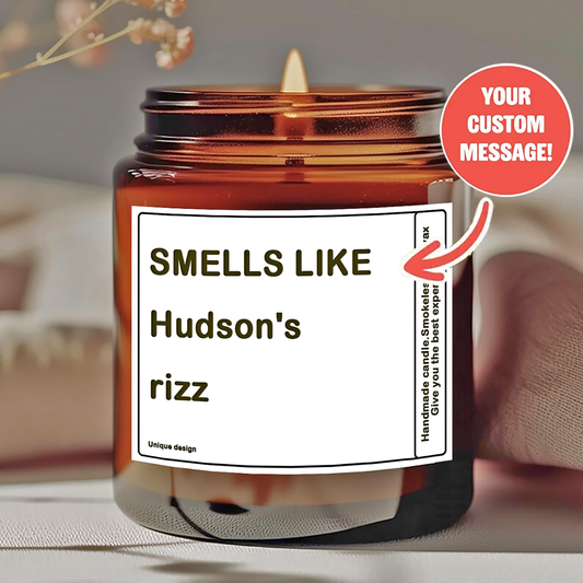 Personalized Funny Scented Candle - "Smells Like [Name]'s Rizz" Custom Message - Smokeless Soy Wax in Amber Jar - Unique Gag Gift for Friends, Trendy Humor Lovers