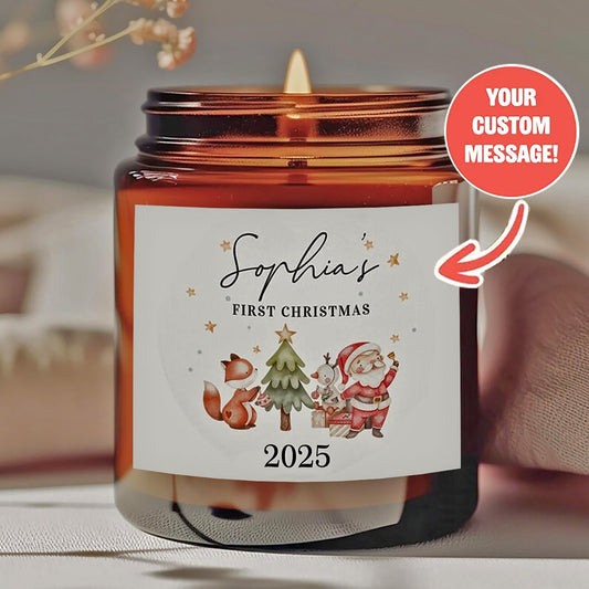 Personalized Baby's First Christmas Scented Candle - Custom Name with Santa, Fox & Tree Design, "2025" Message - Smokeless Soy Wax in Amber Jar - Unique Christmas Gift for Newborn, Parents