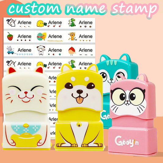 （90PCS stickers+1PC stamp set）Customized children's name stamp,personalized waterproof stamp for clothing,Men's and women's personalized ink pad stamps