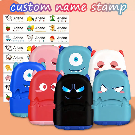 （90PCS stickers+1PC stamp set）Customized children's name stamp,personalized waterproof stamp for clothing,Men's and women's personalized ink pad stamps