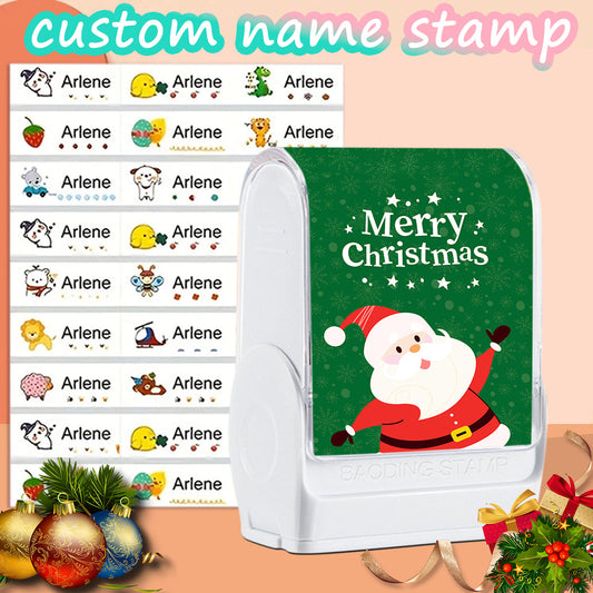 （90PCS Stickers + 1PC Stamp Set）Christmas Custom Name Stamp & Stickers Kit - Waterproof Personalized Name Stamp for Kids' Clothing, Stationery - Santa Design Self-Inking Name Seal for DIY Gift & Item Identification-yy