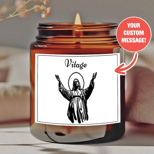 Personalized Religious Scented Candle - Custom "Vitage" Design with Spiritual Figure - Smokeless Soy Wax in Amber Jar - Unique Gift for Religious Enthusiasts, Home Decor