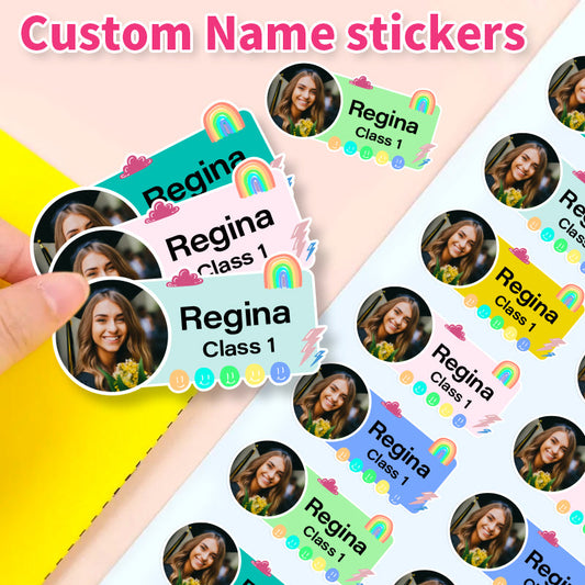 156PCS Customized Photo Name & Class Stickers - Personalized Waterproof Labels with Rainbow Designs for Water Bottles, Gift Box Decoration - Unique Choice for Students' Item Identification-yy